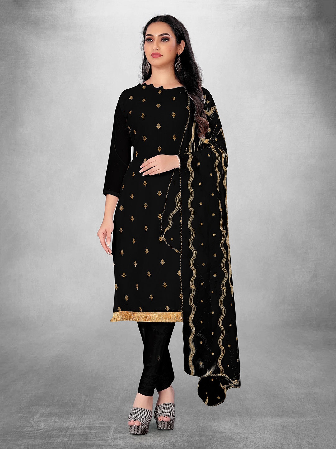 

MANVAA Ethnic Motifs Embroidered Unstitched Dress Material, Black