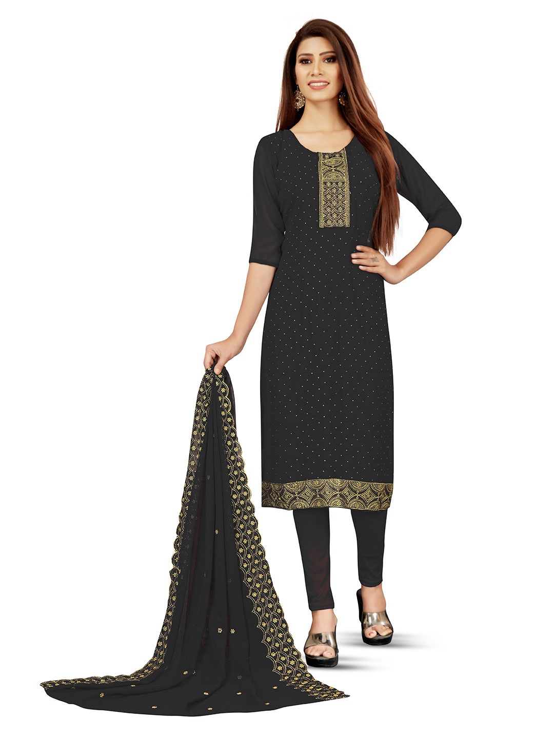 

MANVAA Ethnic Motifs Embroidered Unstitched Dress Material, Black
