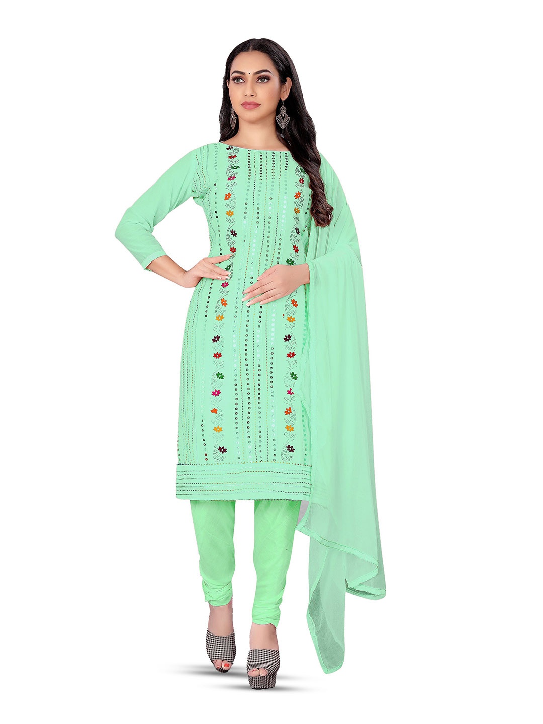 

MANVAA Floral Printed Sequinned Unstitched Dress Material, Sea green