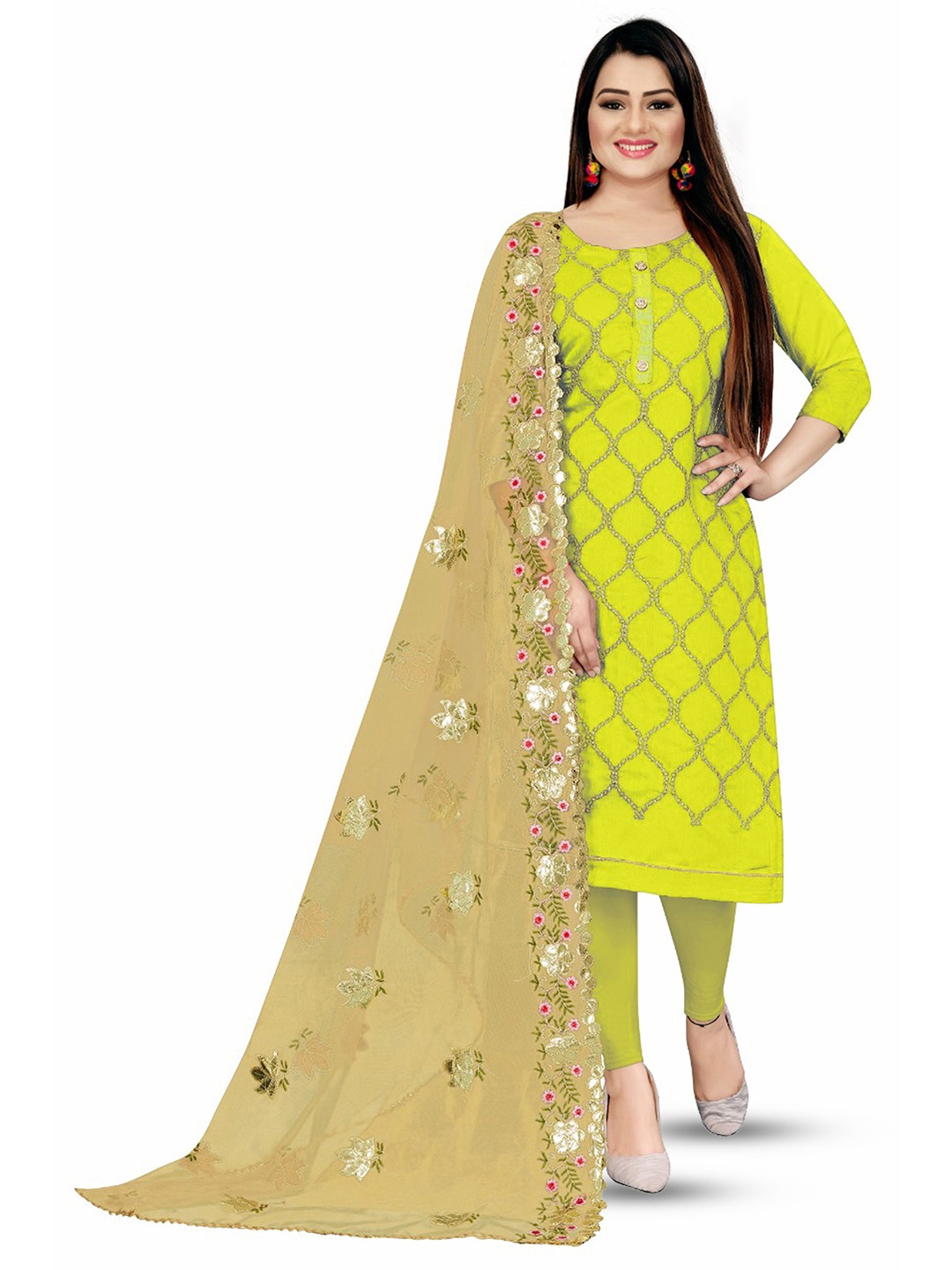 

MANVAA Floral Embroidered Unstitched Dress Material, Green