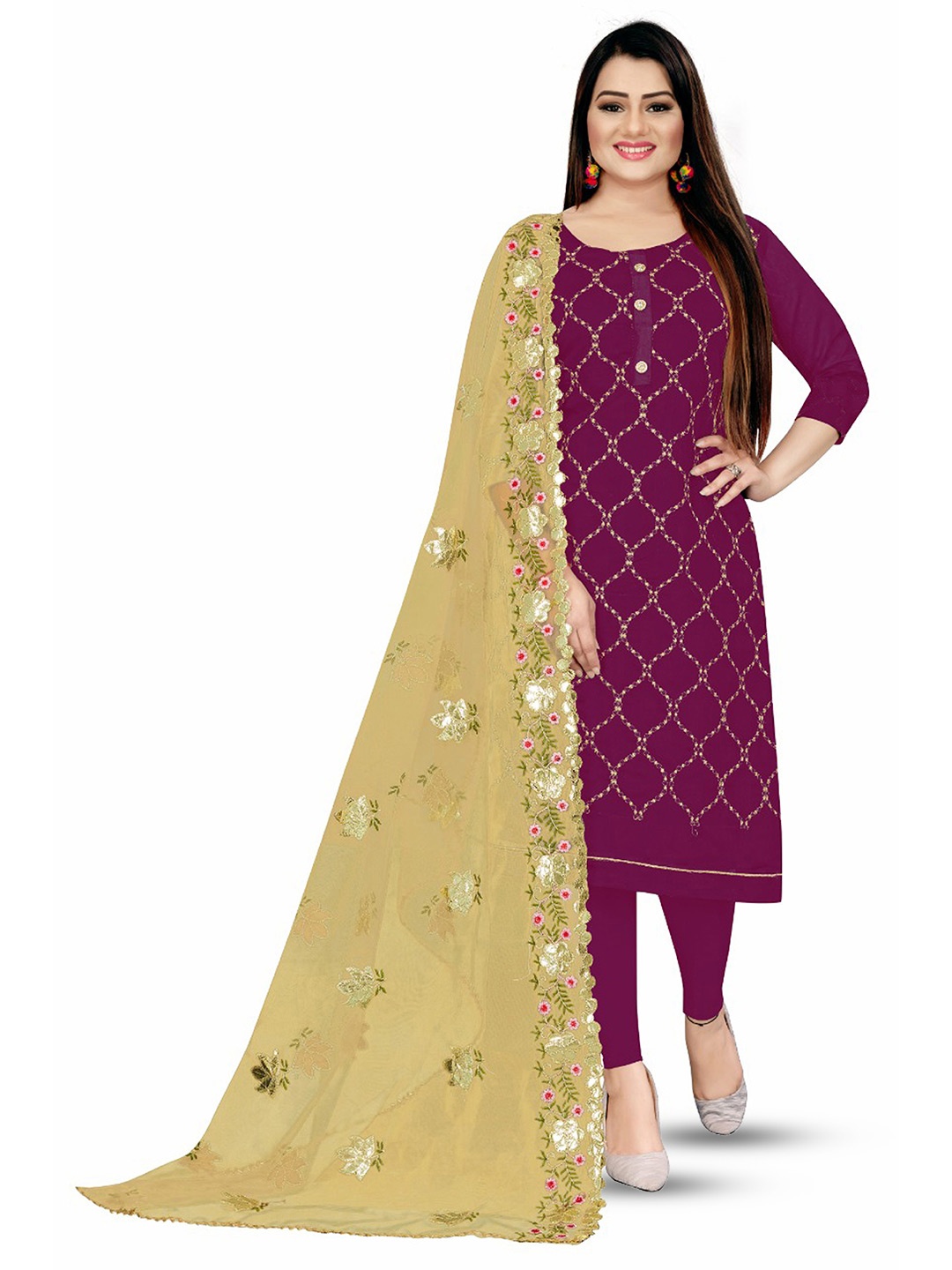 

MANVAA Floral Embroidered Unstitched Dress Material, Purple