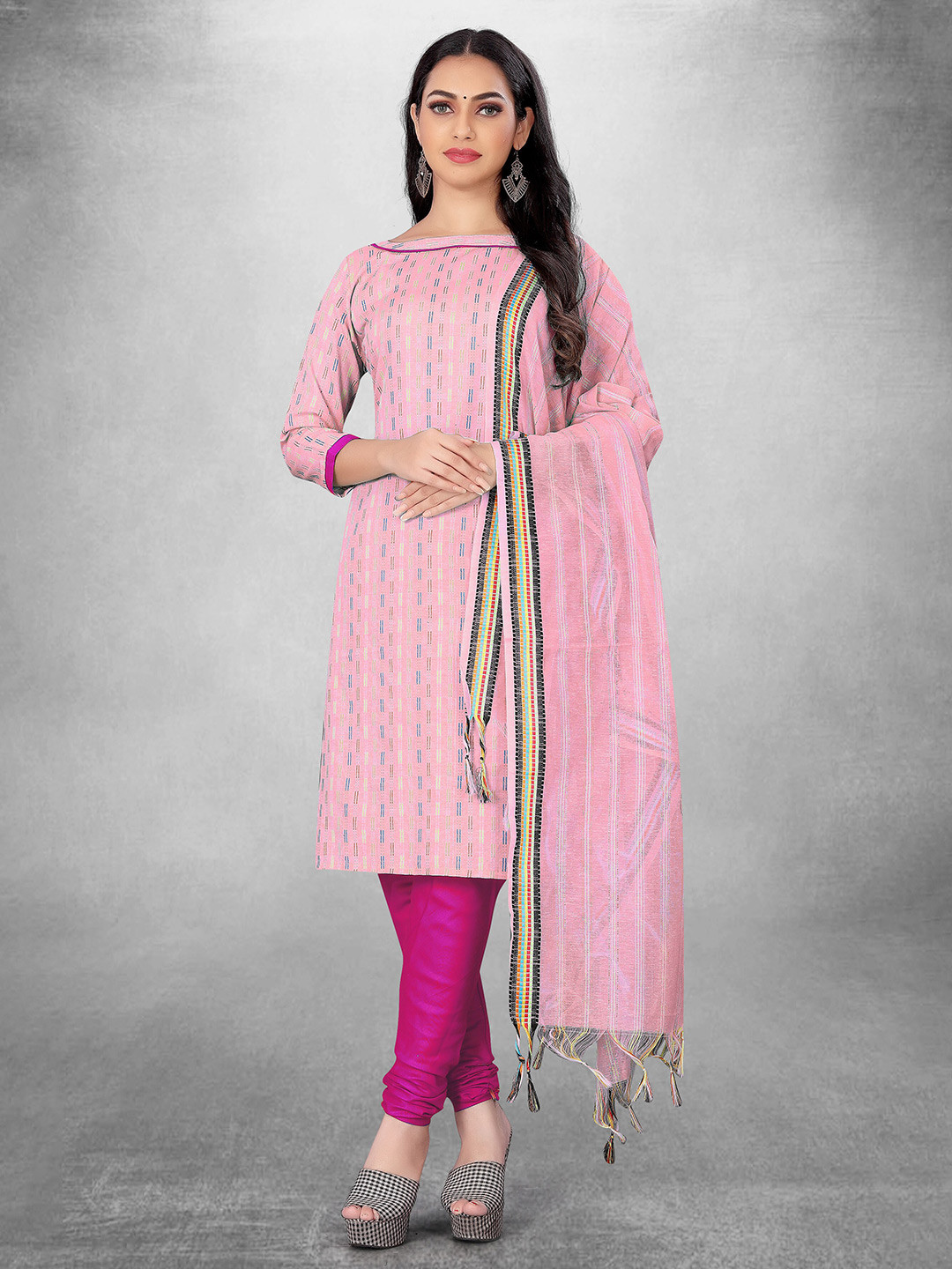 

MANVAA Striped Unstitched Dress Material, Pink