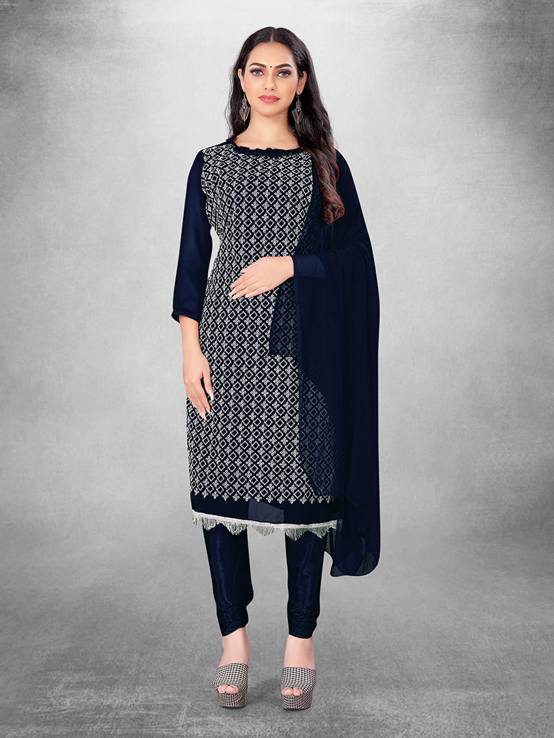 

MANVAA Ethnic Motifs Embroidered Unstitched Dress Material, Navy blue