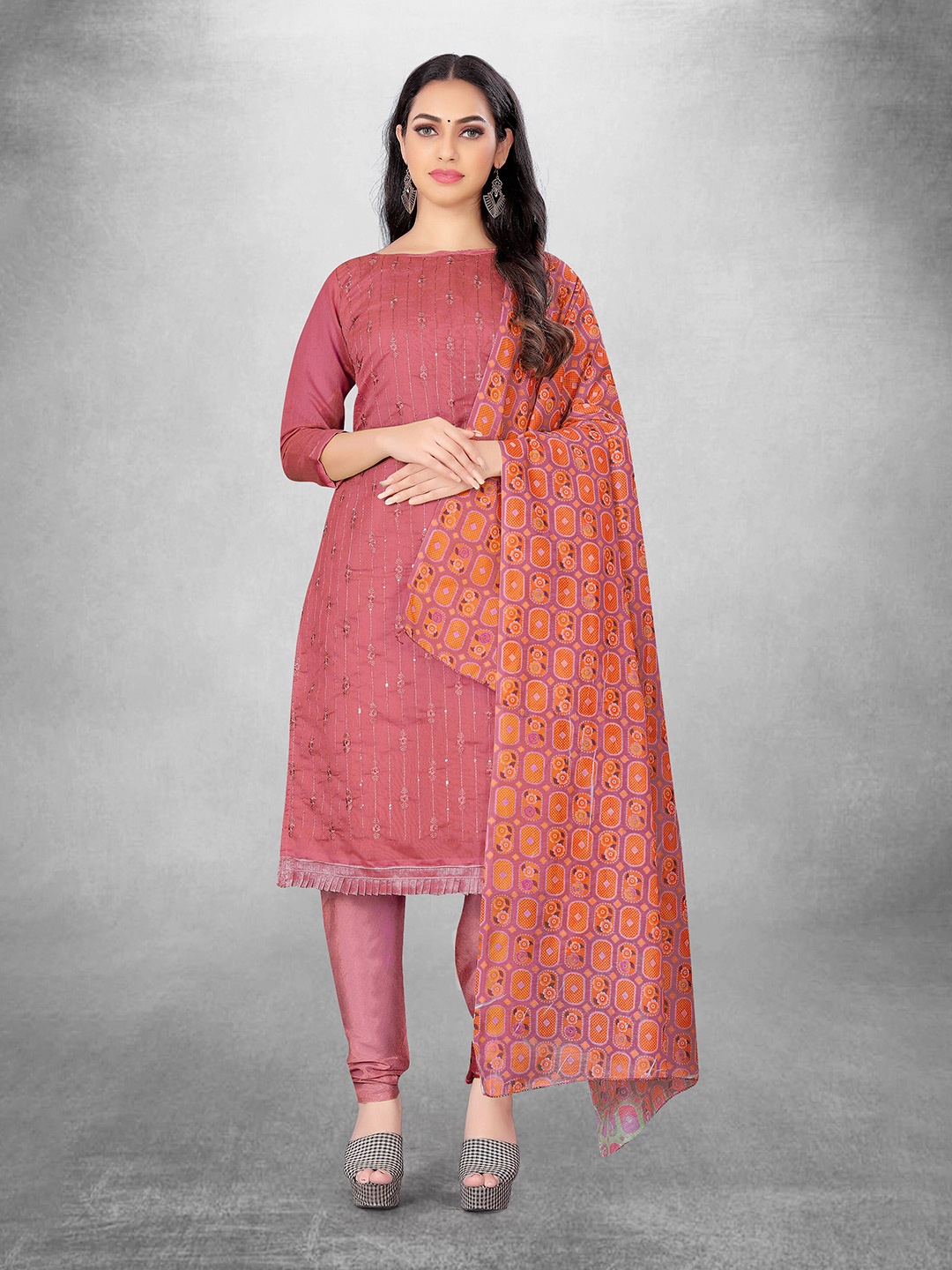 

MANVAA Floral Embroidered Sequinned Unstitched Dress Material, Pink
