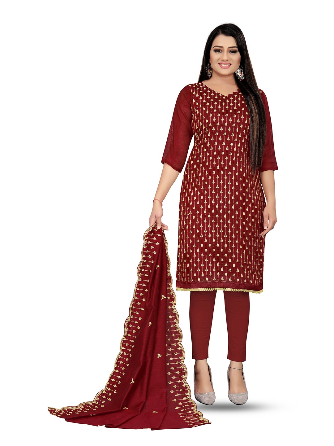 

MANVAA Ethnic Motifs Embroidered Unstitched Dress Material, Maroon