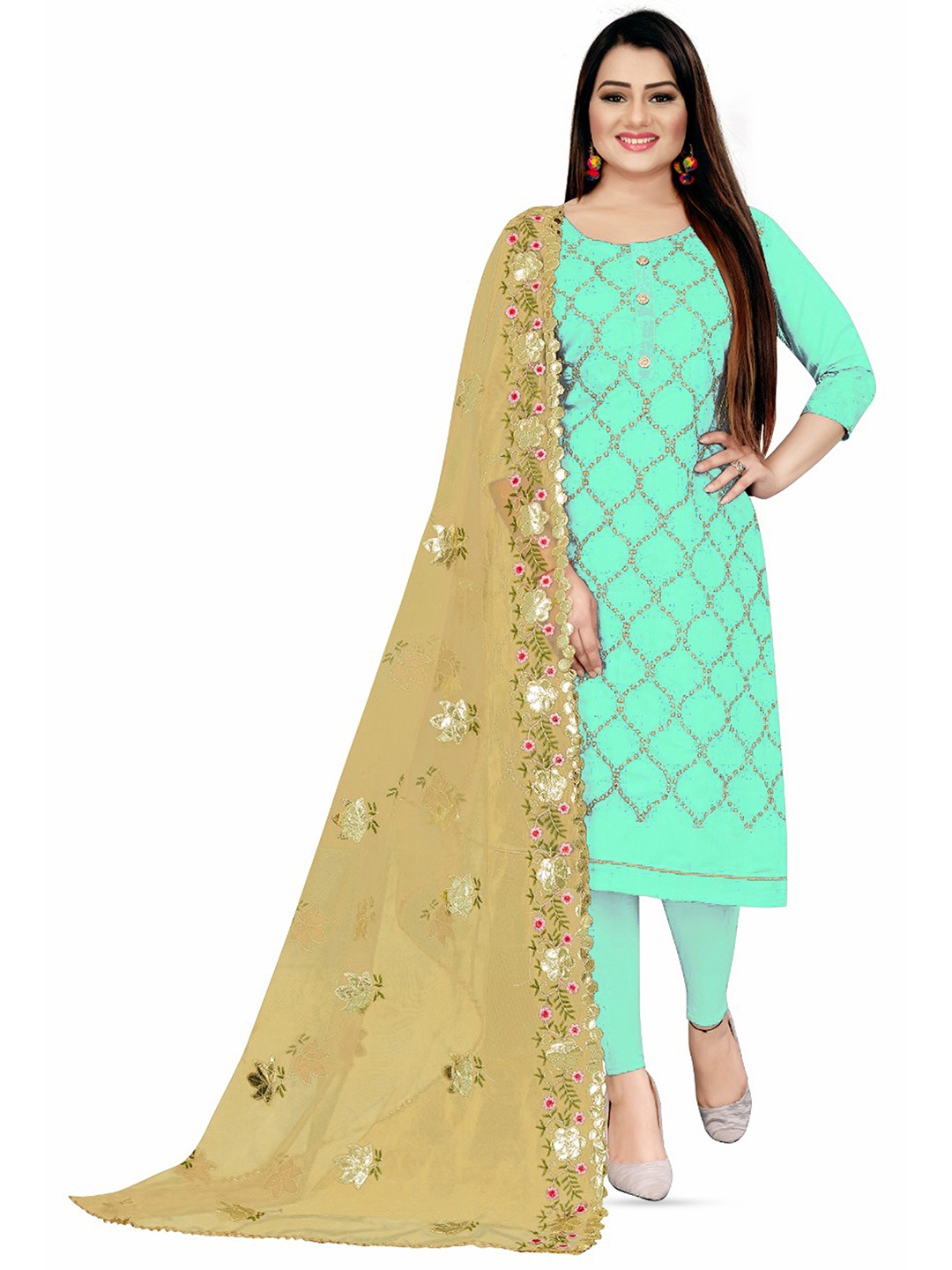 

MANVAA Floral Embroidered Unstitched Dress Material, Sea green