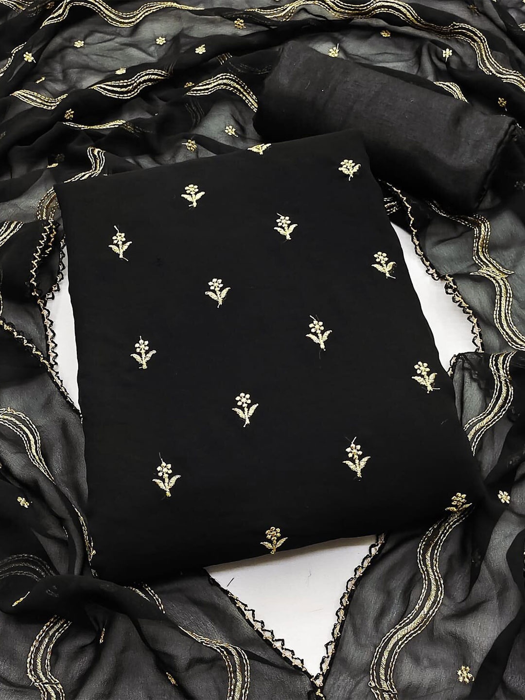 

MANVAA Floral Embroidered Unstitched Dress Material, Black