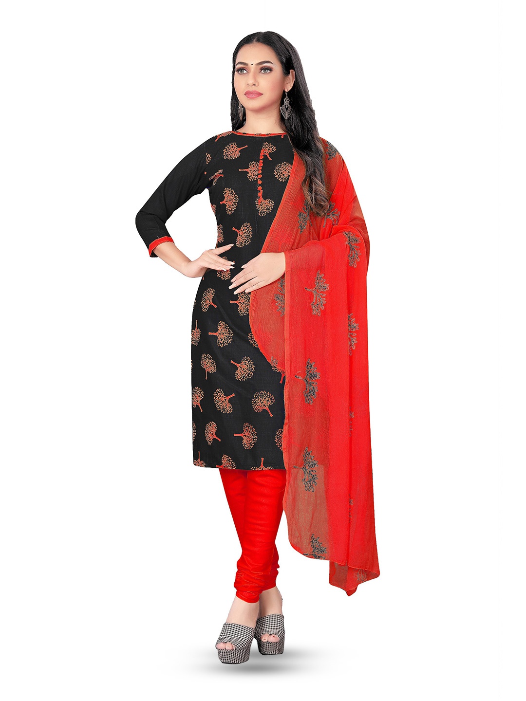 

MANVAA Floral Printed Unstitched Dress Material, Black