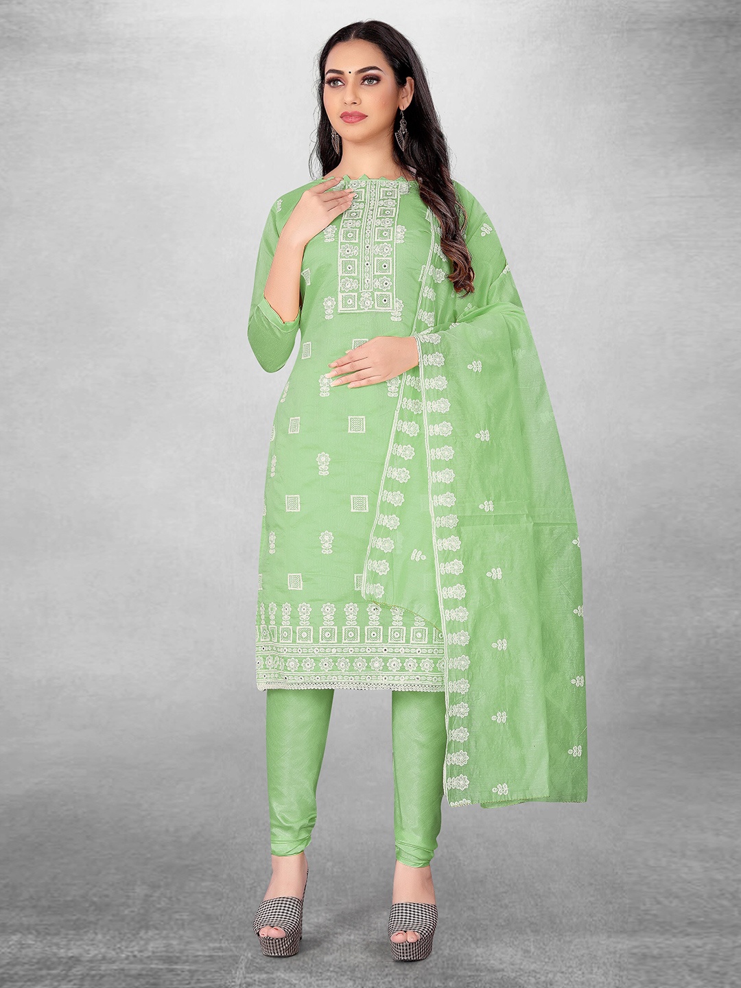 

MANVAA Floral Embroidered Mirror Work Unstitched Dress Material, Green