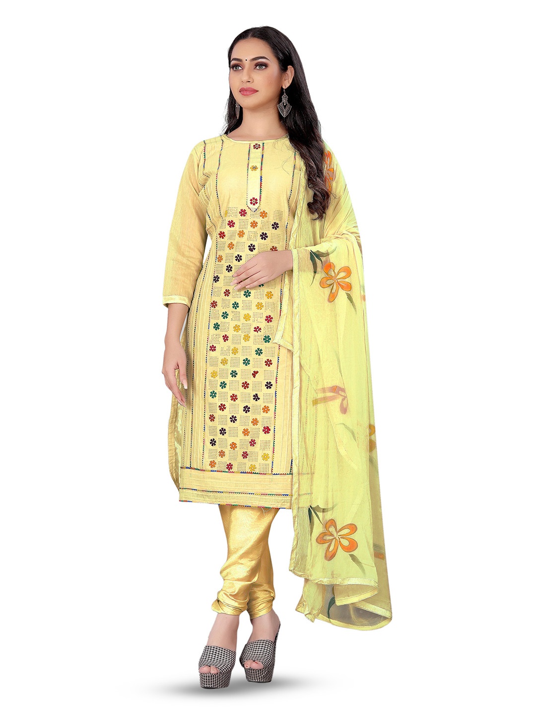 

MANVAA Floral Printed Gotta Patti Unstitched Dress Material, Beige