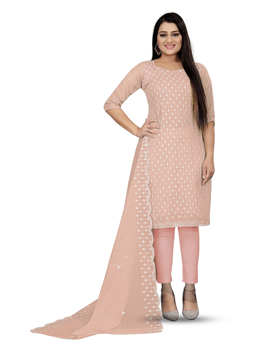 

MANVAA Ethnic Motifs Embroidered Unstitched Dress Material, Peach