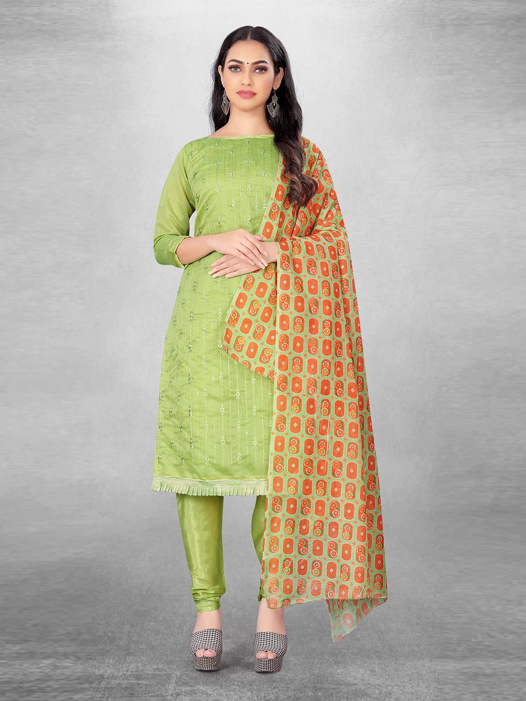 

MANVAA Floral Embroidered Sequinned Unstitched Dress Material, Green