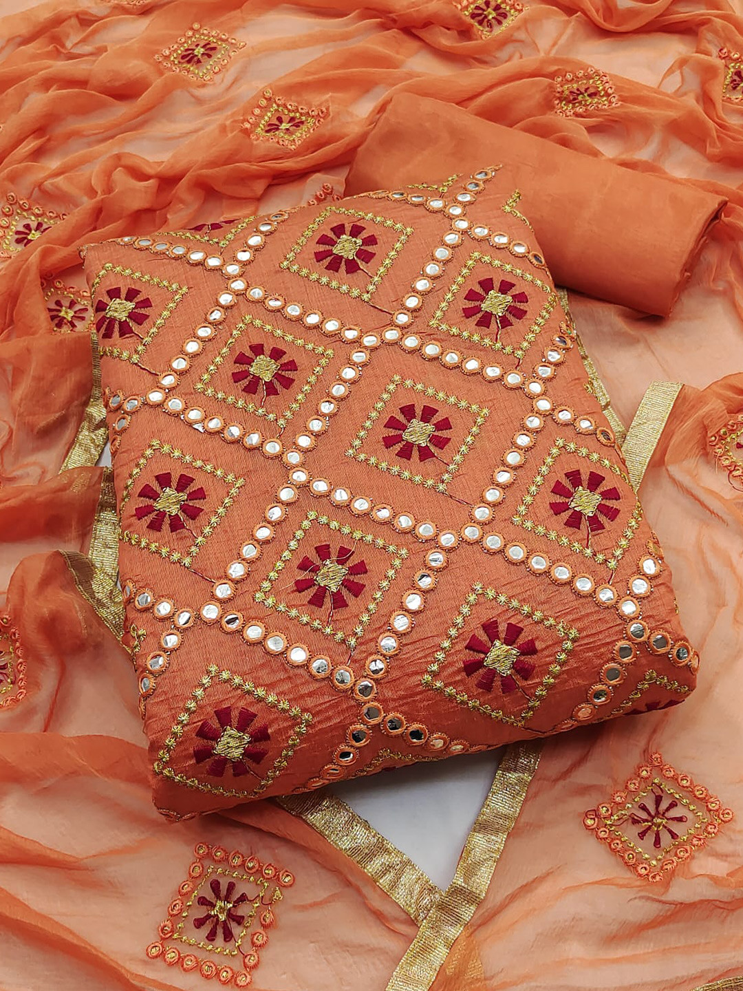

MANVAA Geometric Embroidered Mirror Work Unstitched Dress Material, Peach