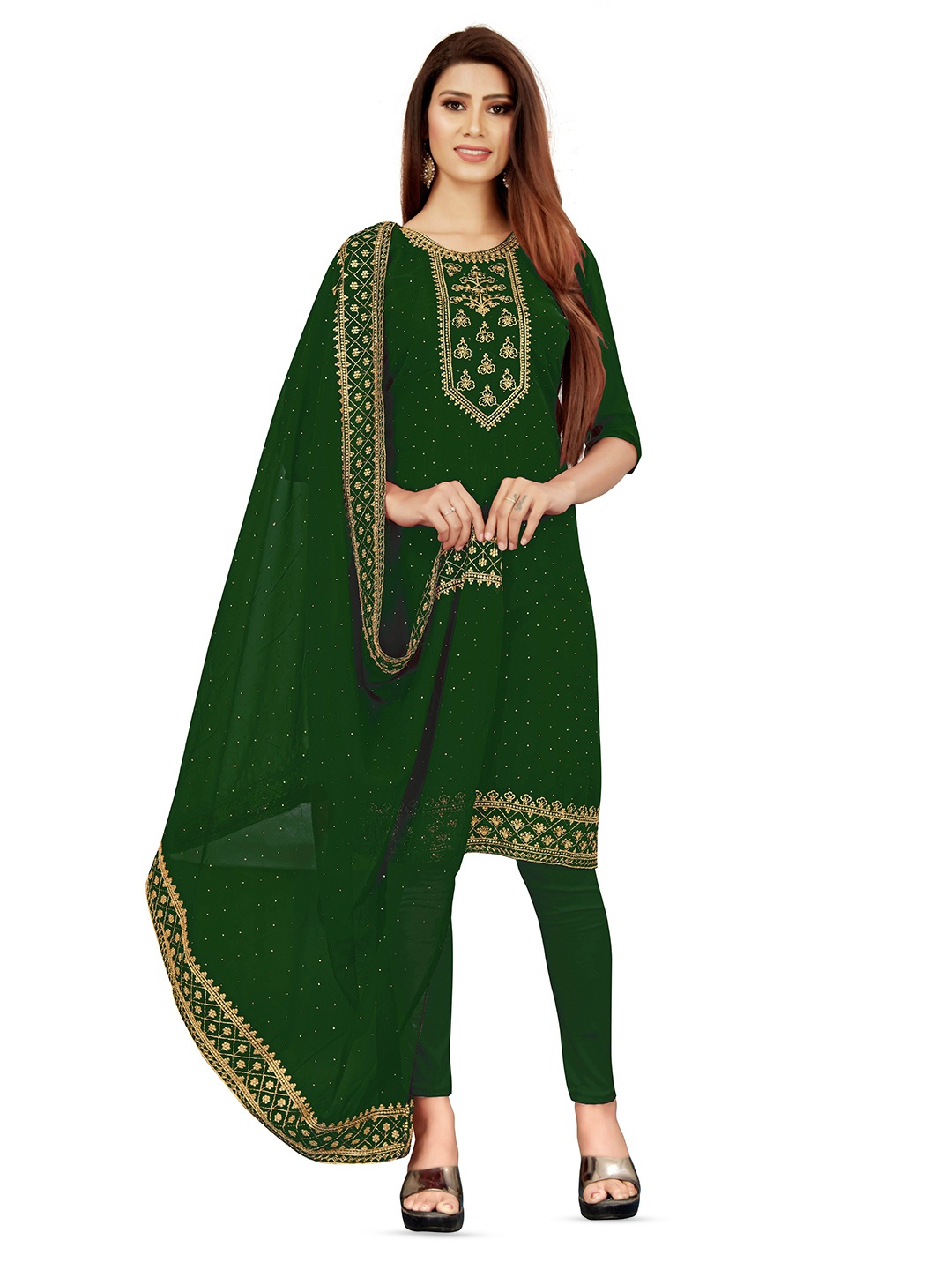 

MANVAA Ethnic Motifs Embroidered Beads and Stones Unstitched Dress Material, Green