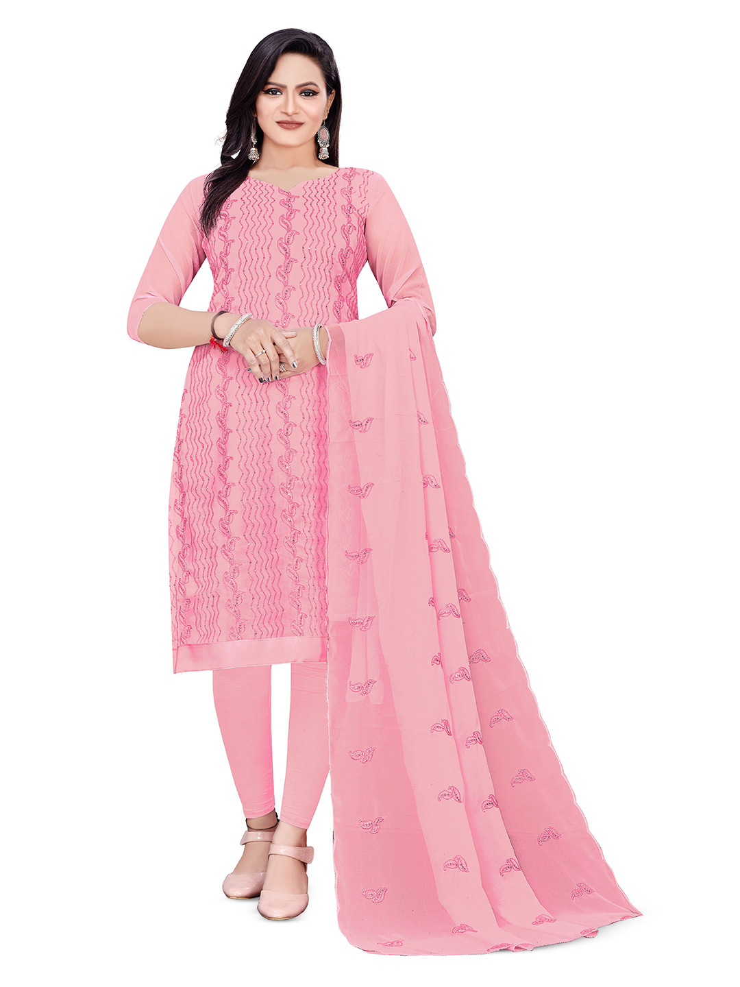 

MANVAA Paisley Embroidered Sequinned Unstitched Dress Material, Pink