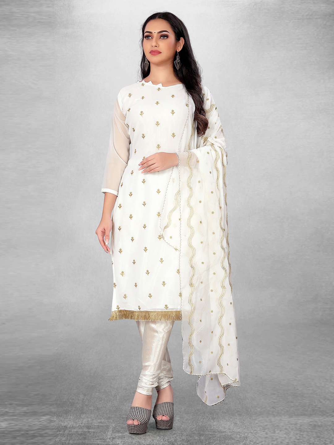 

MANVAA Ethnic Motifs Embroidered Unstitched Dress Material, White