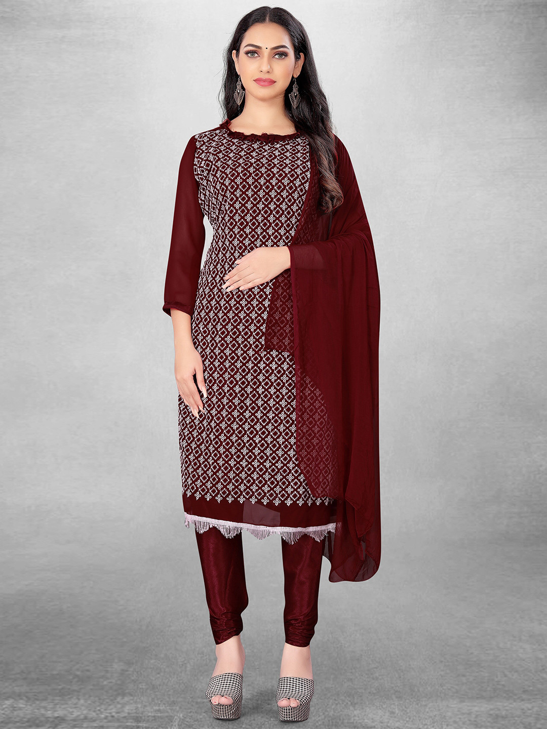 

MANVAA Ethnic Motifs Embroidered Unstitched Dress Material, Maroon