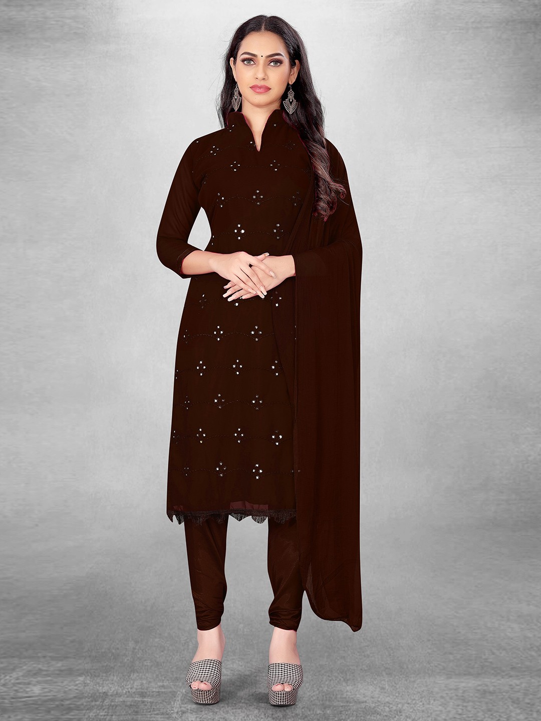 

MANVAA Embroidered Silk Georgette Unstitched Dress Material, Brown