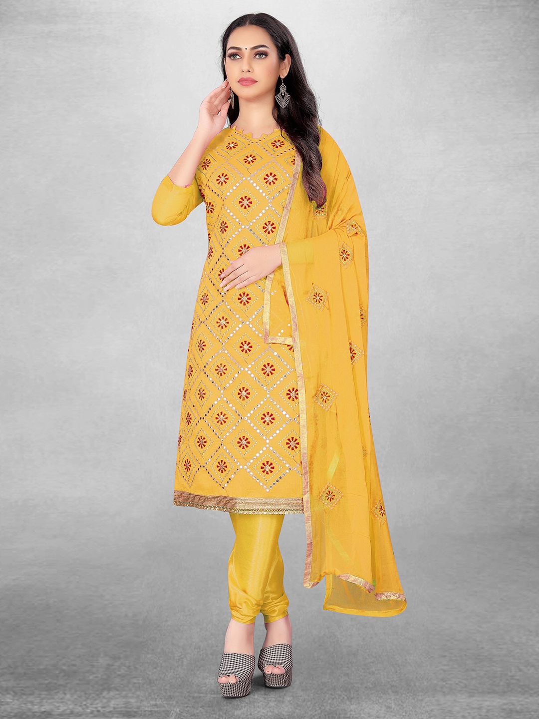 

MANVAA Geometric Embroidered Mirror Work Unstitched Dress Material, Yellow