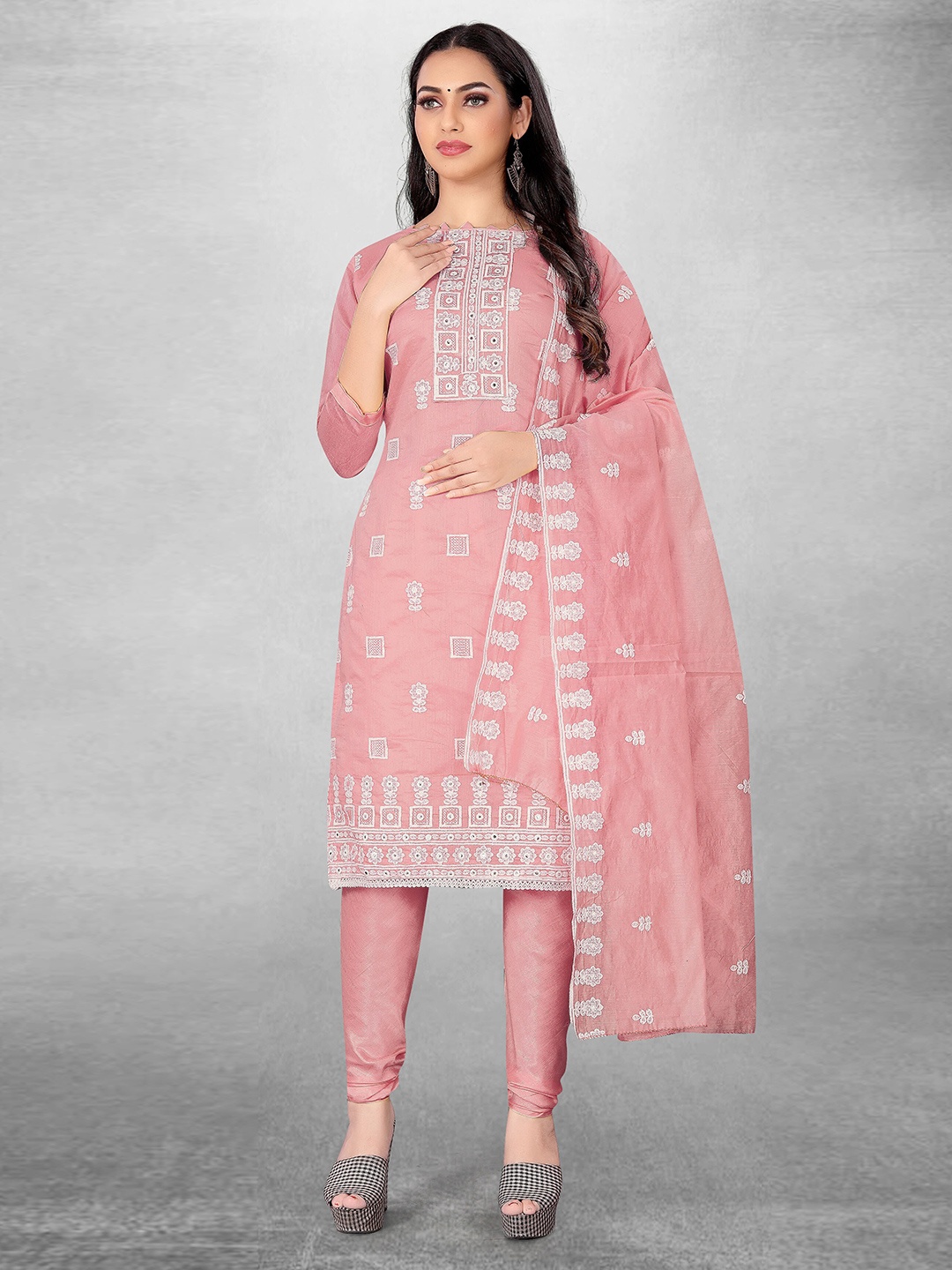 

MANVAA Floral Embroidered Mirror Work Unstitched Dress Material, Pink