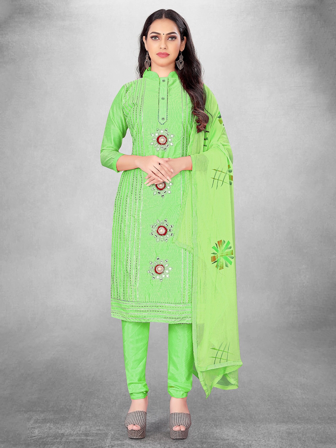 

MANVAA Ethnic Motifs Embroidered Mirror Work Unstitched Dress Material, Green