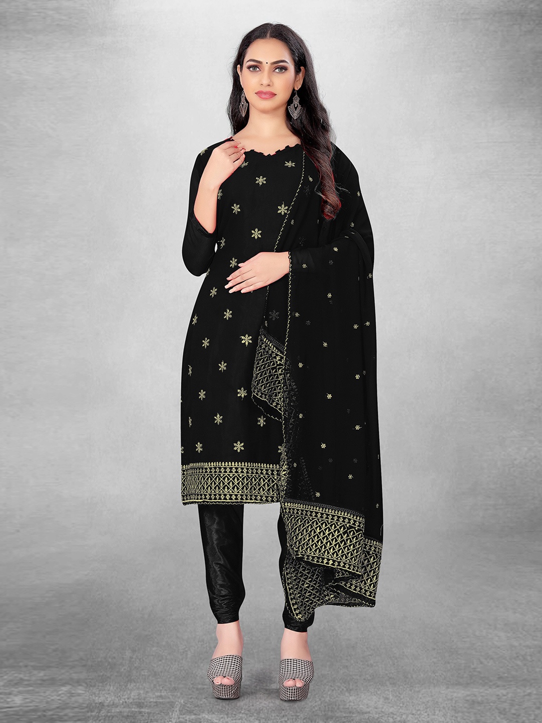 

MANVAA Floral Embroidered Unstitched Dress Material, Black