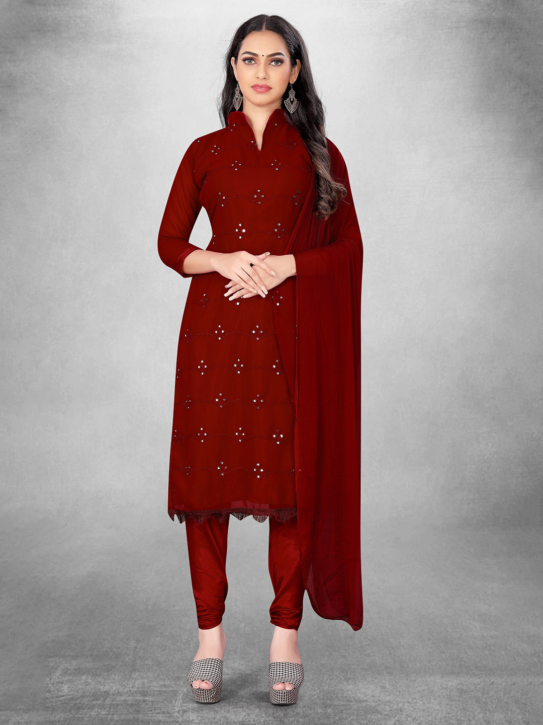 

MANVAA Ethnic Motifs Embroidered Unstitched Dress Material, Maroon