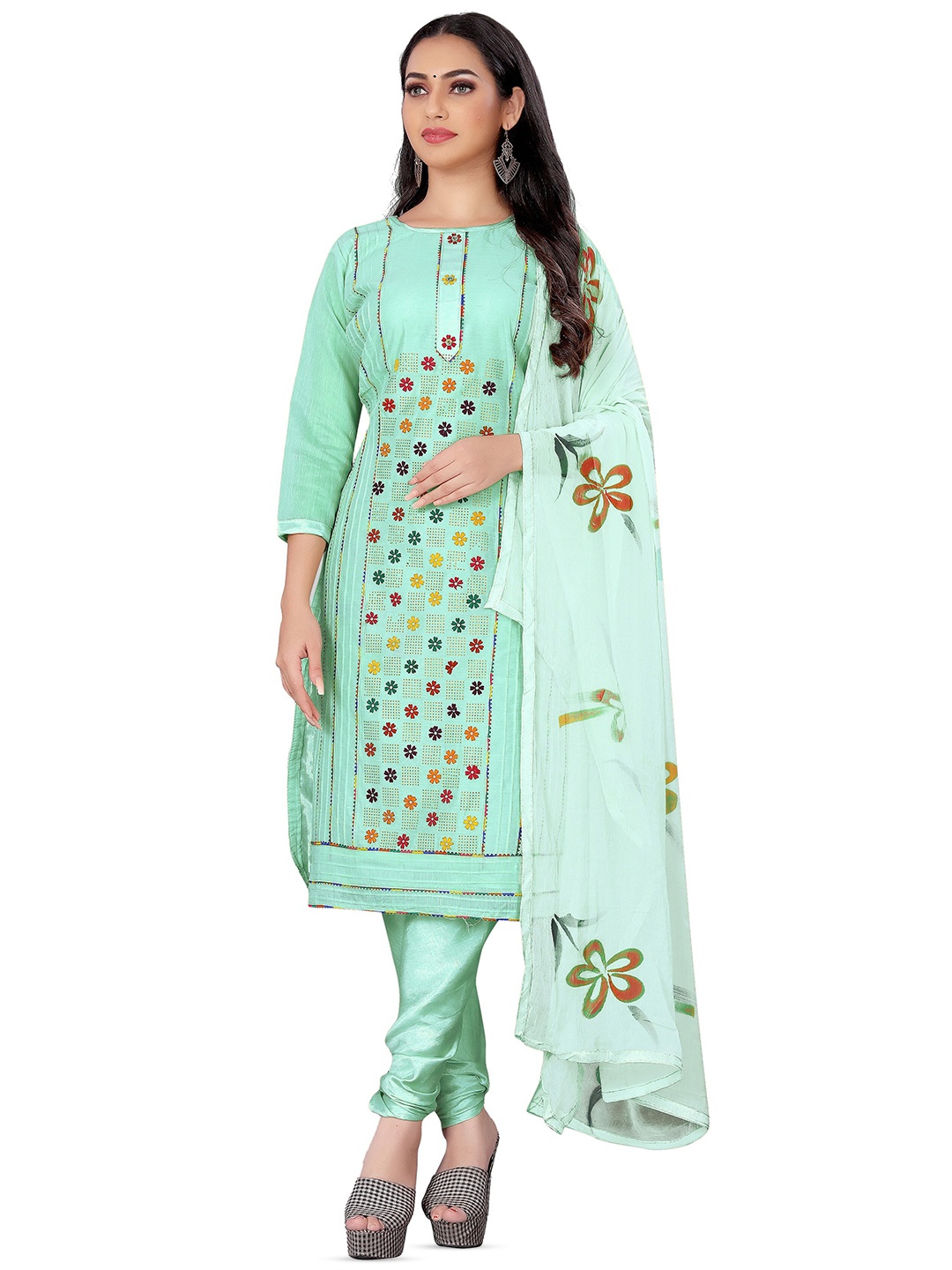 

MANVAA Floral Printed Gotta Patti Unstitched Dress Material, Sea green