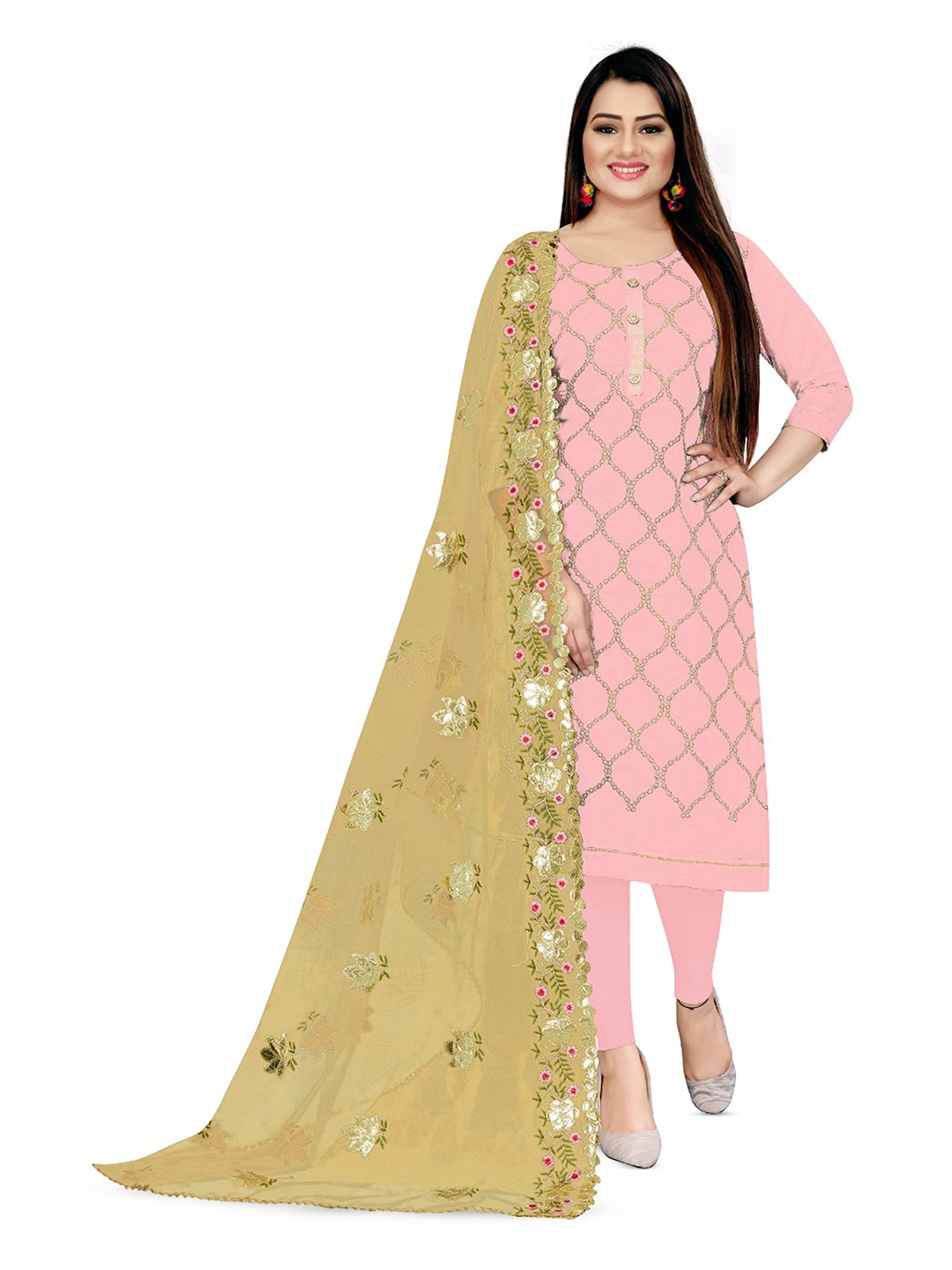 

MANVAA Floral Embroidered Unstitched Dress Material, Pink