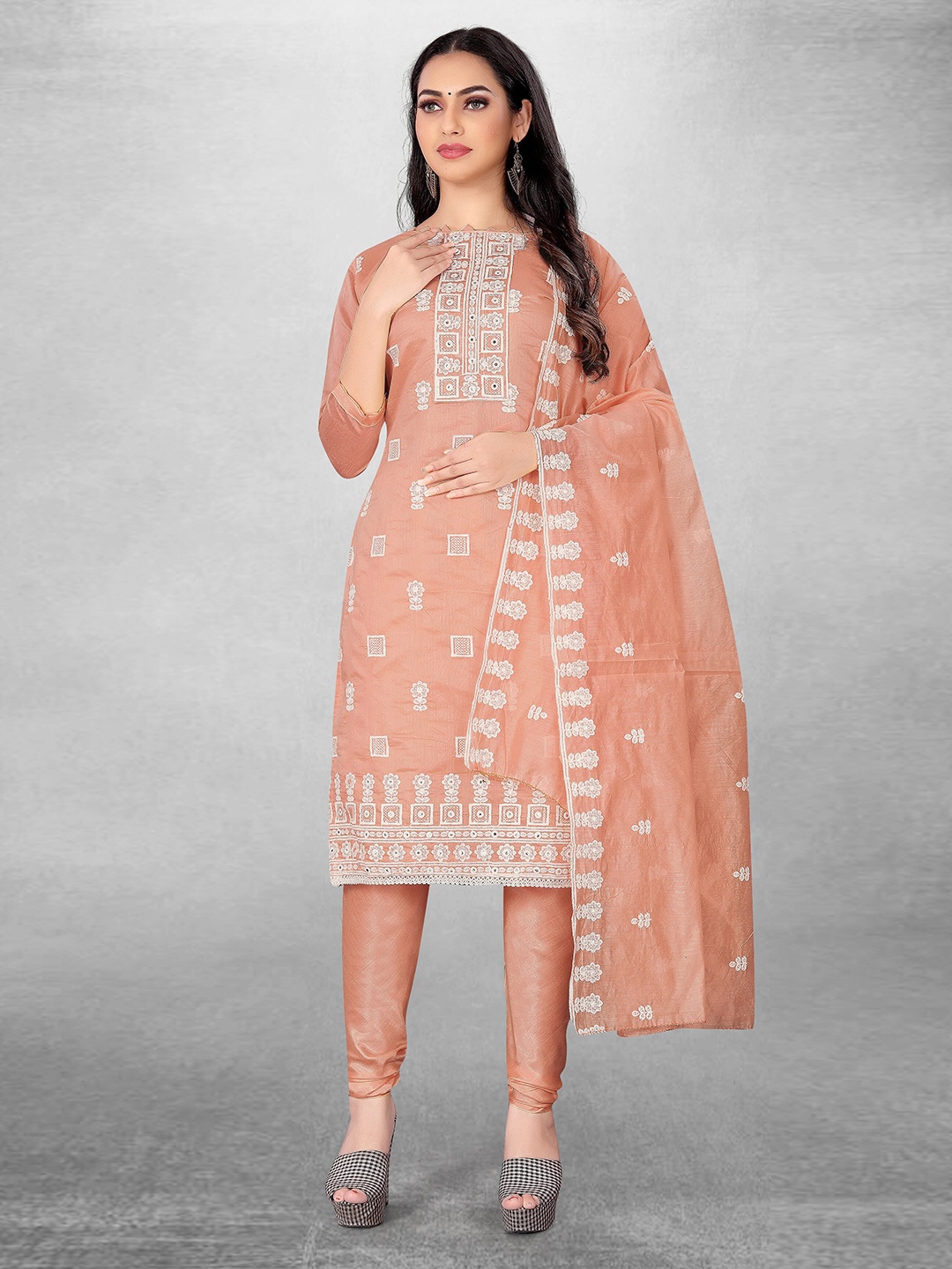 

MANVAA Floral Embroidered Mirror Work Unstitched Dress Material, Peach