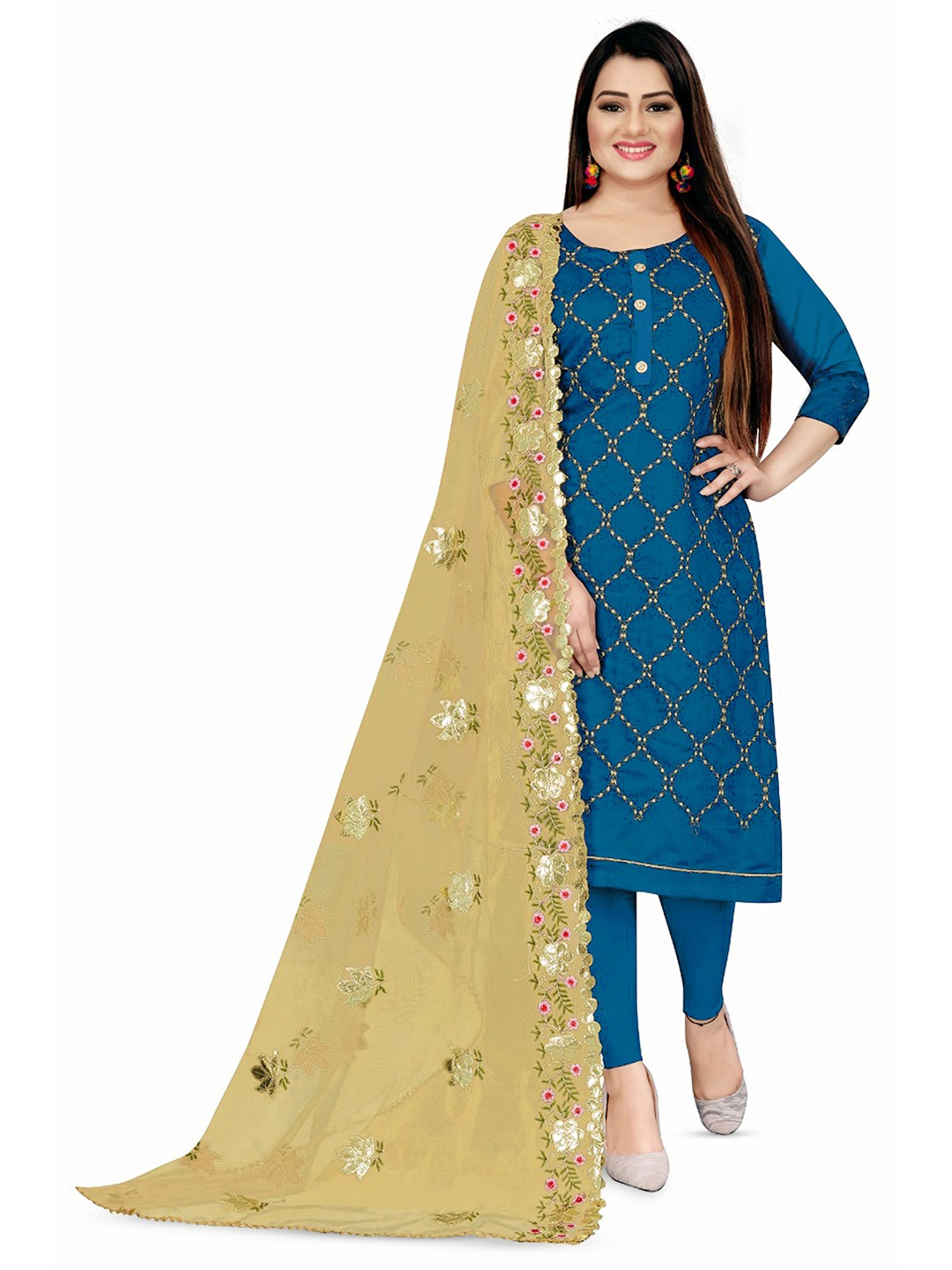 

MANVAA Floral Embroidered Unstitched Dress Material, Blue