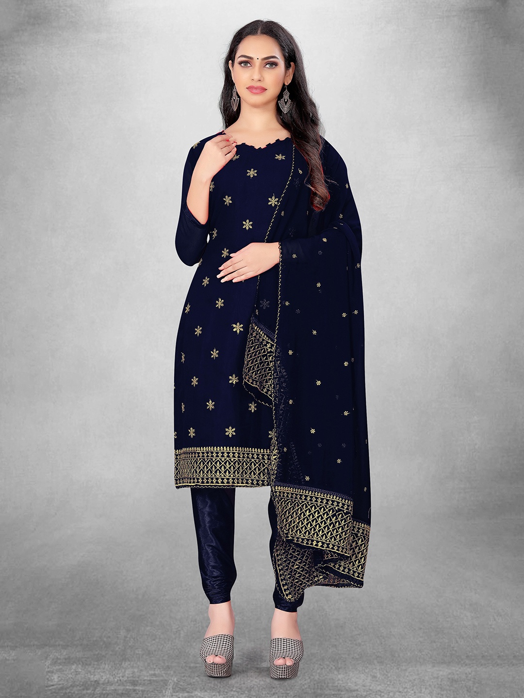 

MANVAA Floral Embroidered Unstitched Dress Material, Navy blue