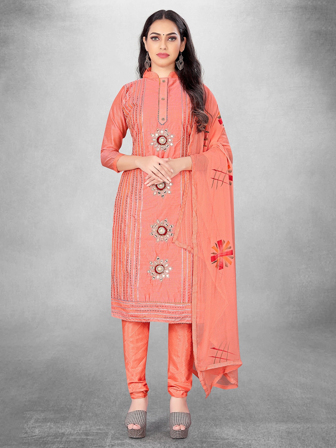 

MANVAA Ethnic Motifs Embroidered Mirror Work Unstitched Dress Material, Peach