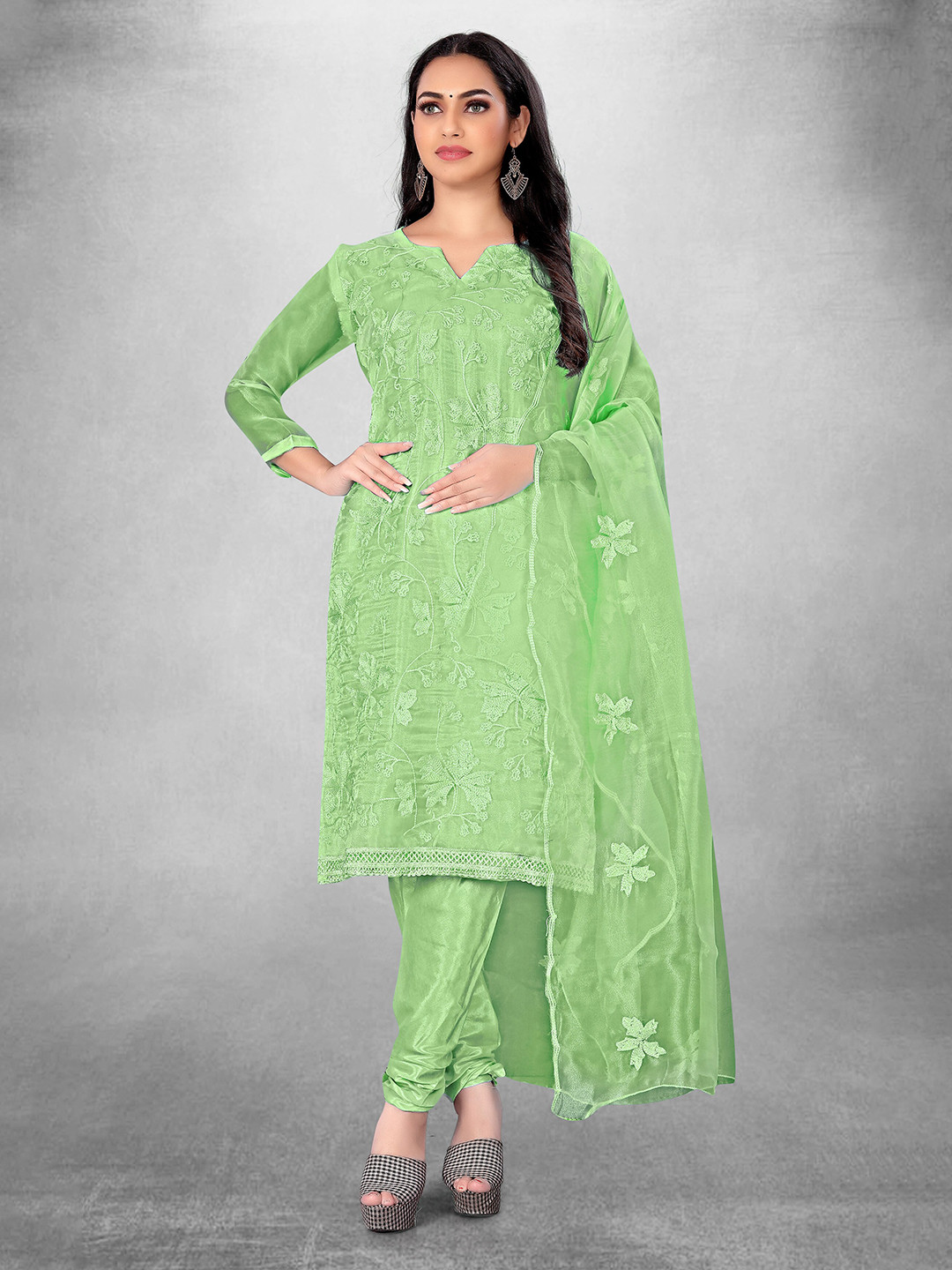 

MANVAA Embroidered Organza Unstitched Dress Material, Green