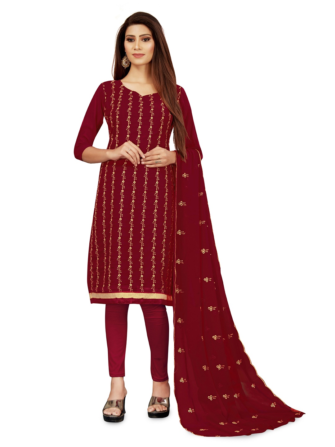 

MANVAA Embroidered Silk Georgette Unstitched Dress Material, Maroon