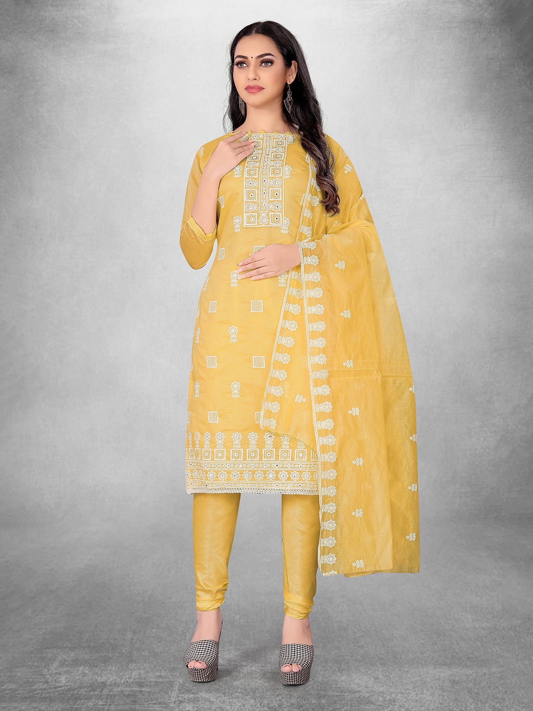 

MANVAA Floral Embroidered Mirror Work Unstitched Dress Material, Yellow