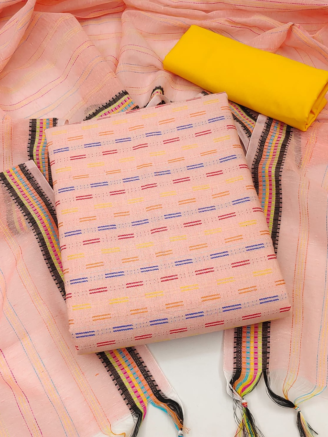 

MANVAA Striped Unstitched Dress Material, Peach