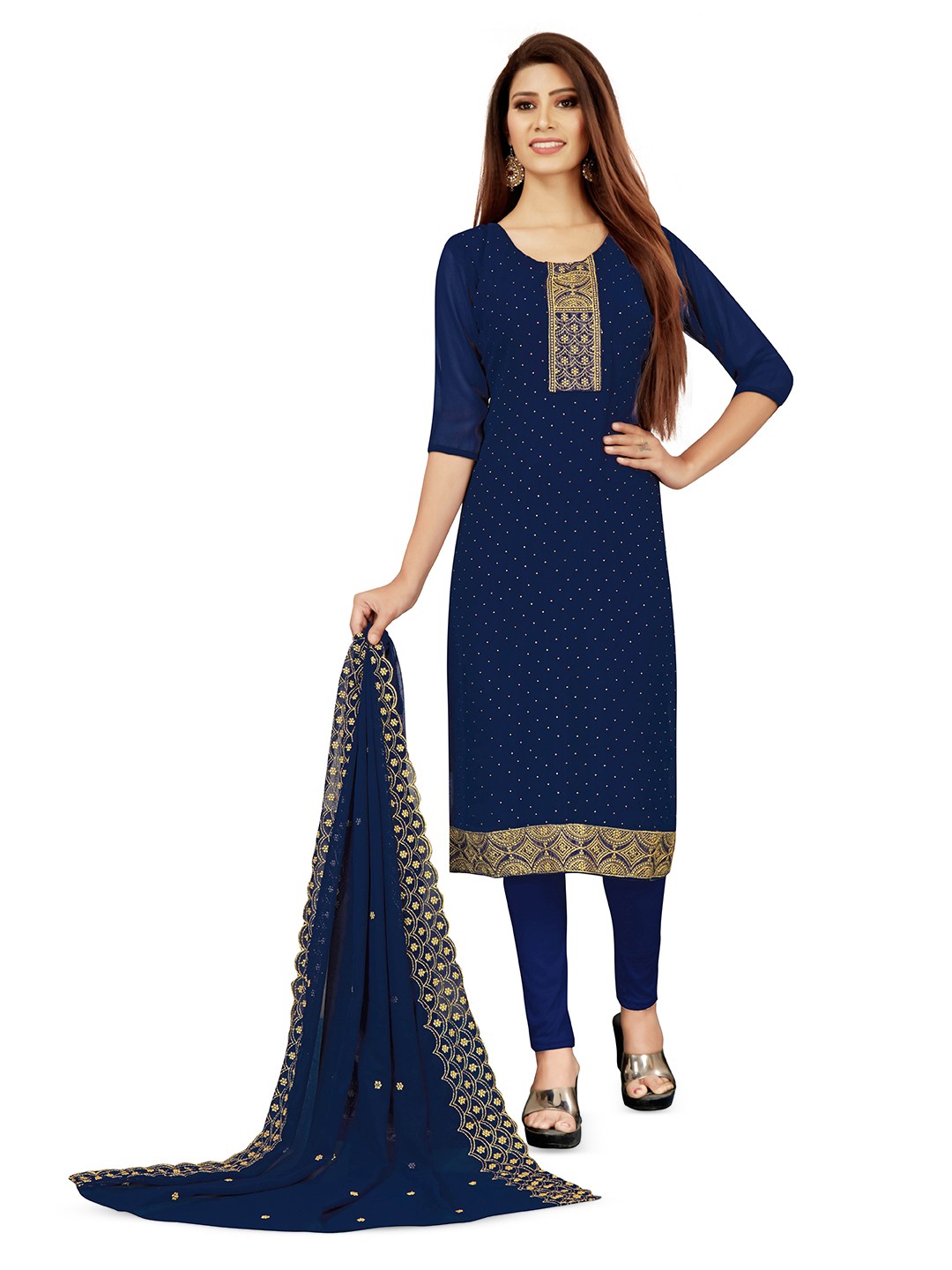 

MANVAA Ethnic Motifs Embroidered Beads and Stones Unstitched Dress Material, Blue