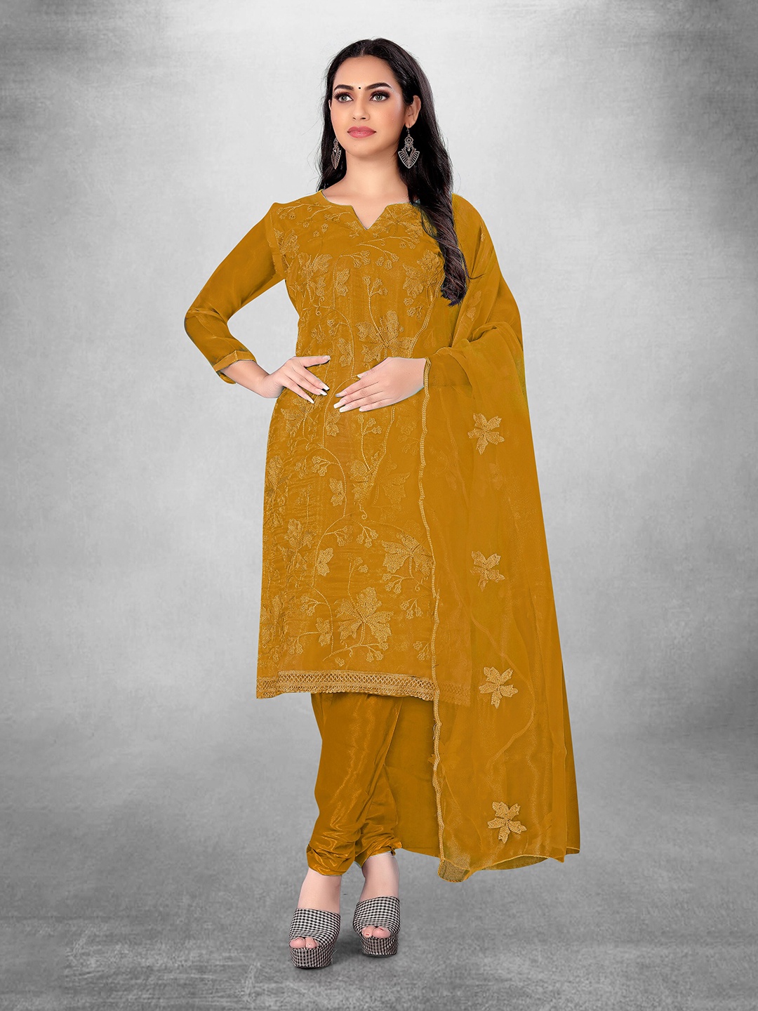 

MANVAA Floral Embroidered Unstitched Dress Material, Mustard