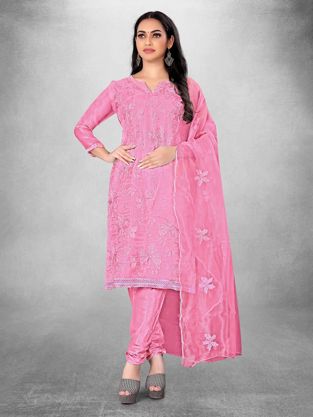 

MANVAA Floral Embroidered Unstitched Dress Material, Pink
