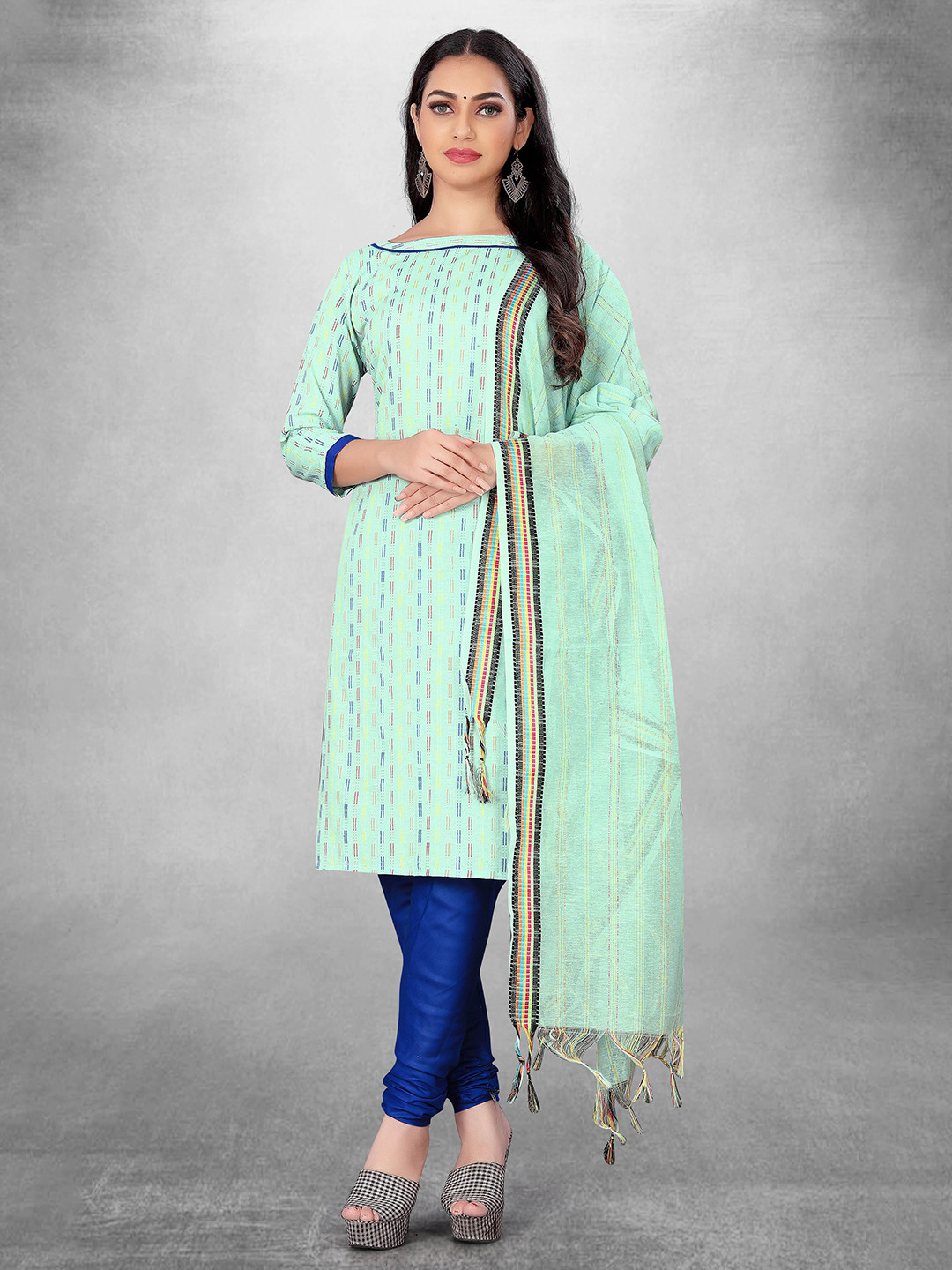 

MANVAA Striped Unstitched Dress Material, Green