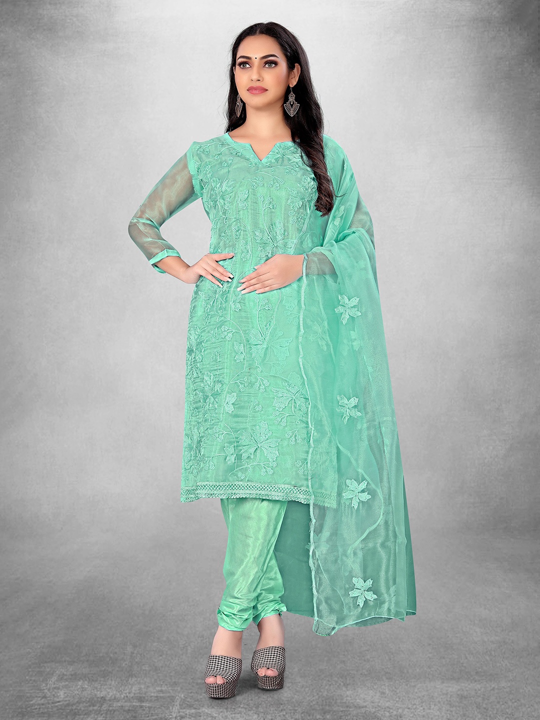 

MANVAA Floral Embroidered Unstitched Dress Material, Sea green