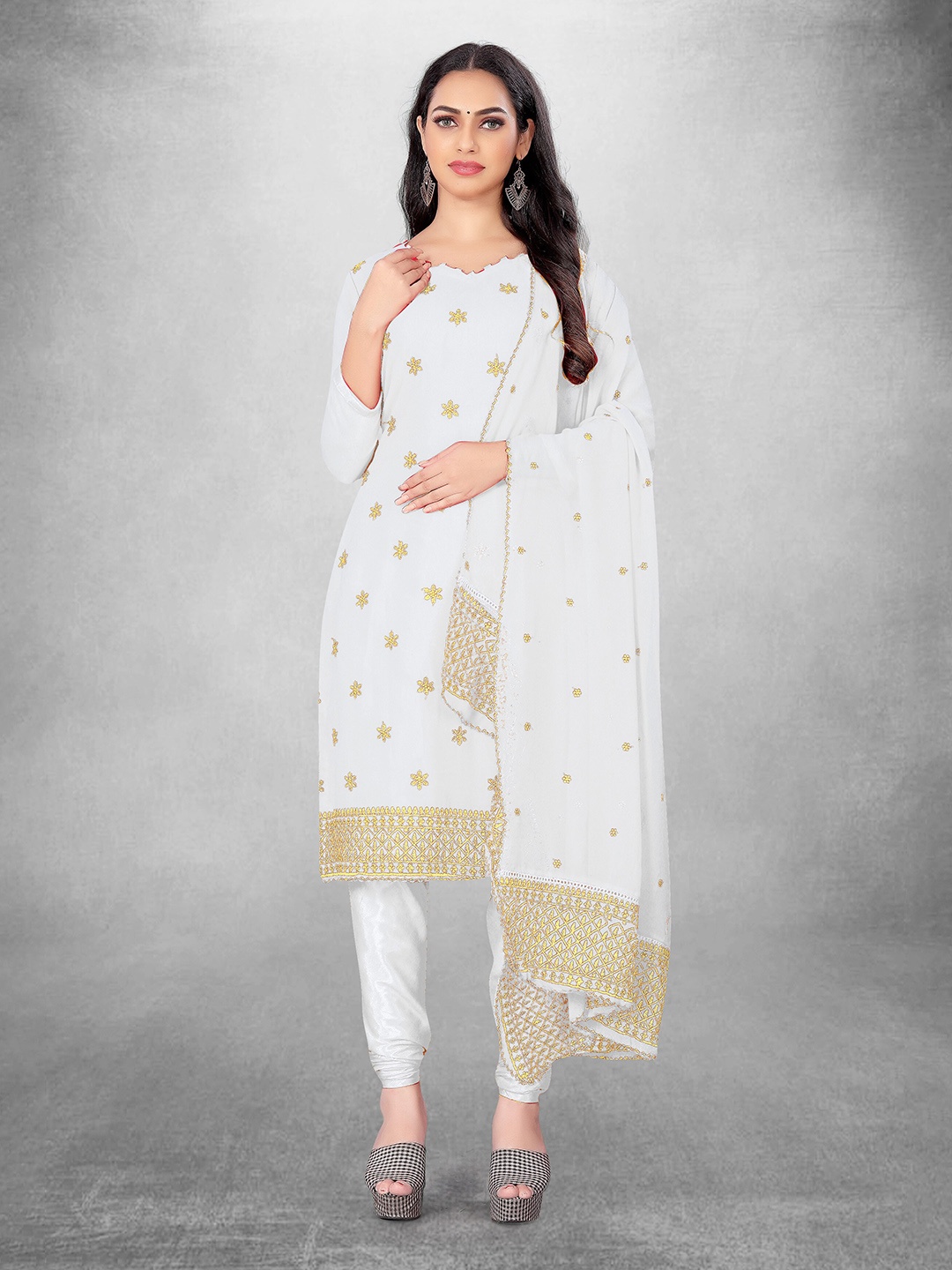 

MANVAA Floral Embroidered Unstitched Dress Material, White