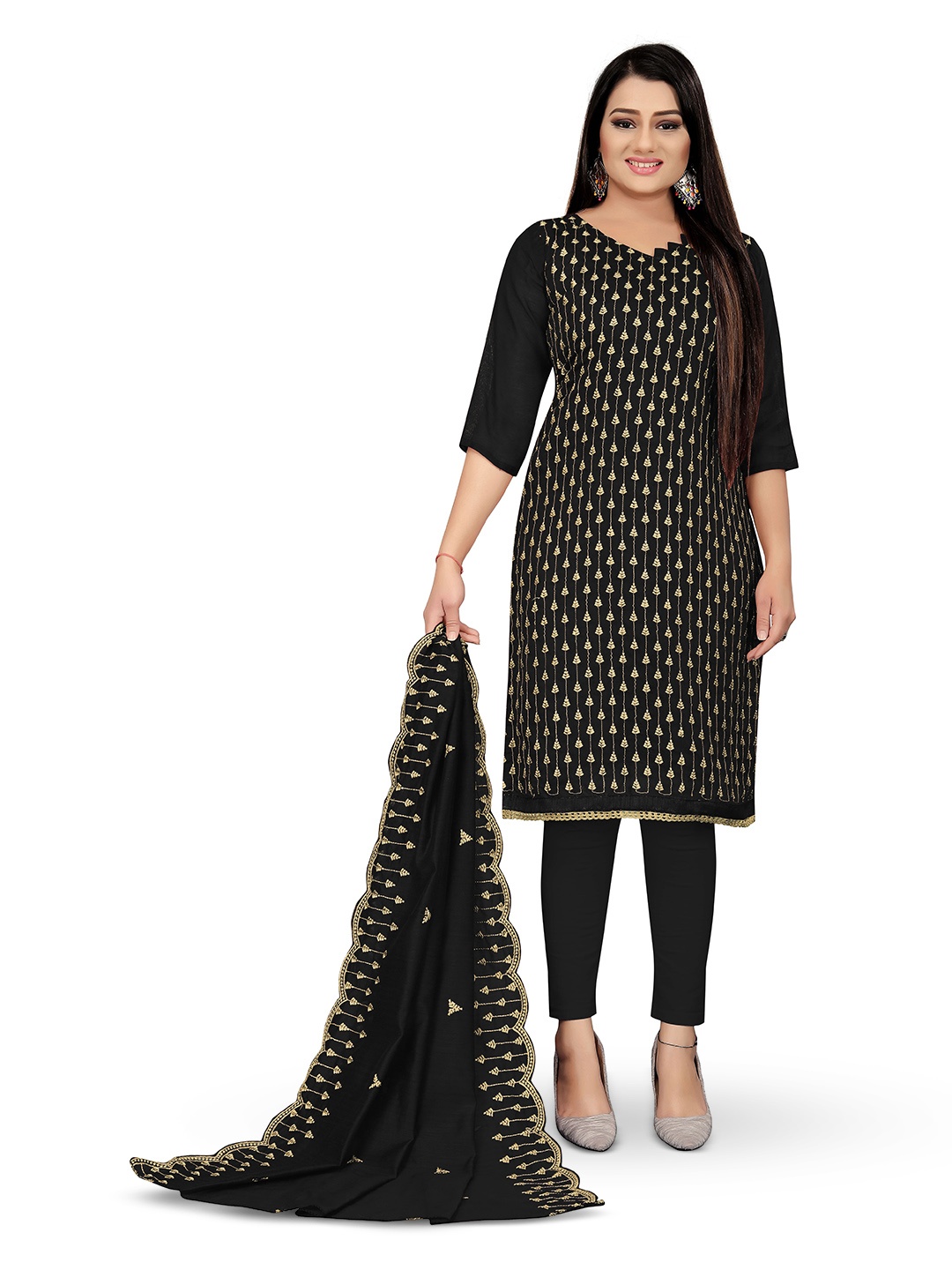 

MANVAA Ethnic Motifs Embroidered Unstitched Dress Material, Black