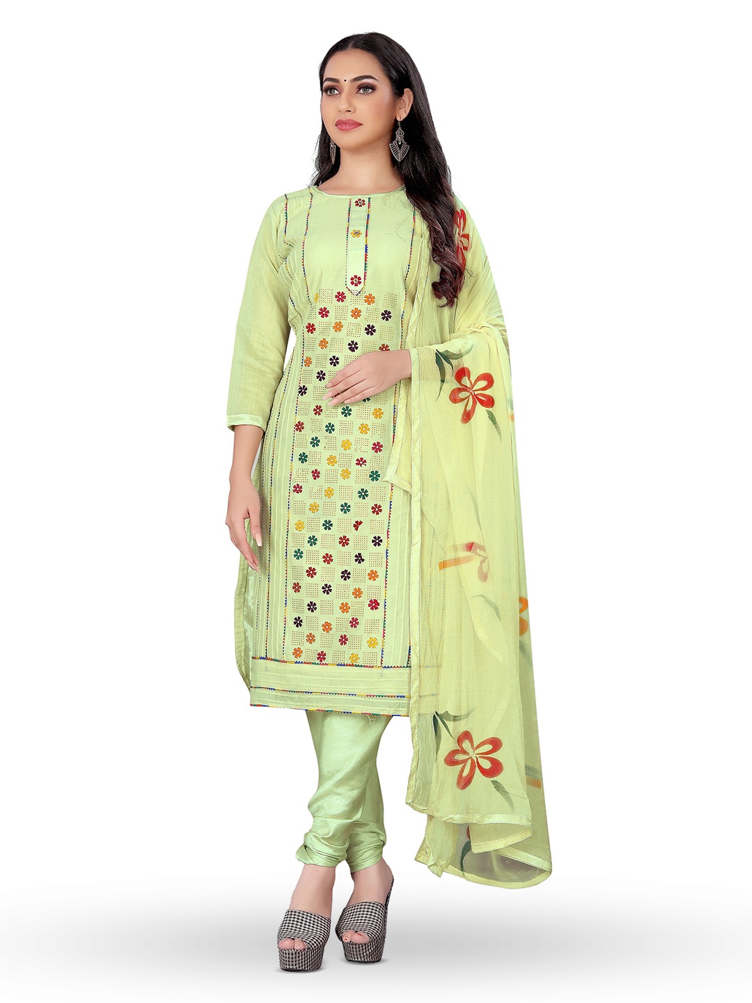 

MANVAA Floral Printed Gotta Patti Unstitched Dress Material, Green