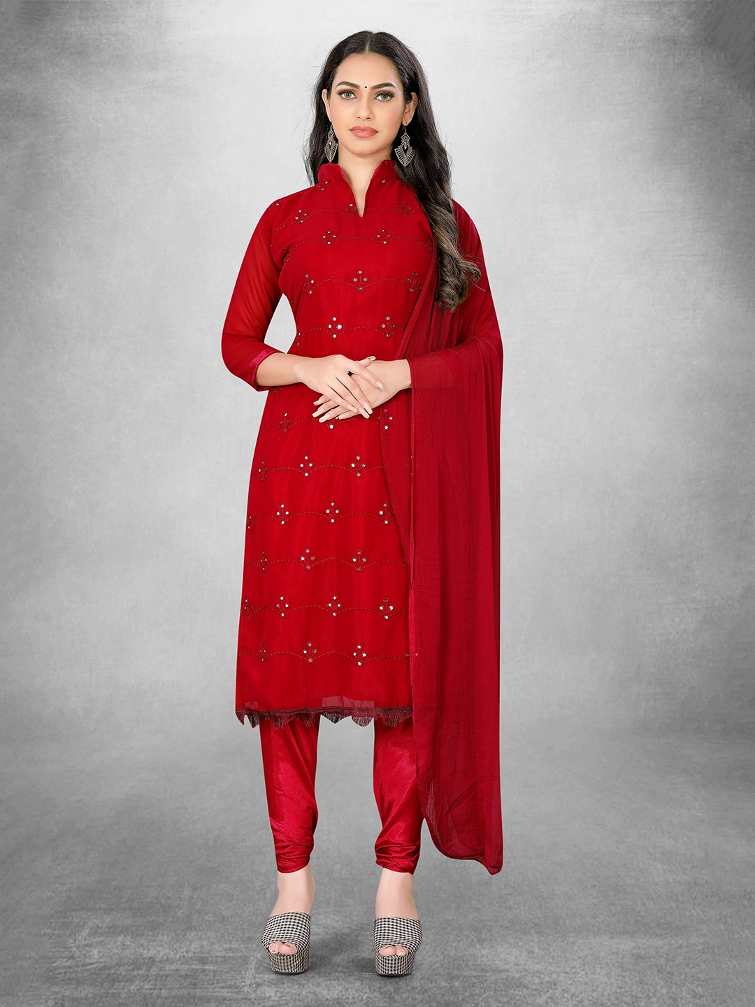 

MANVAA Ethnic Motifs Embroidered Unstitched Dress Material, Red