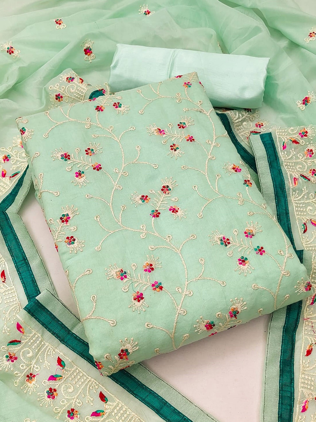 

MANVAA Floral Embroidered Unstitched Dress Material, Green