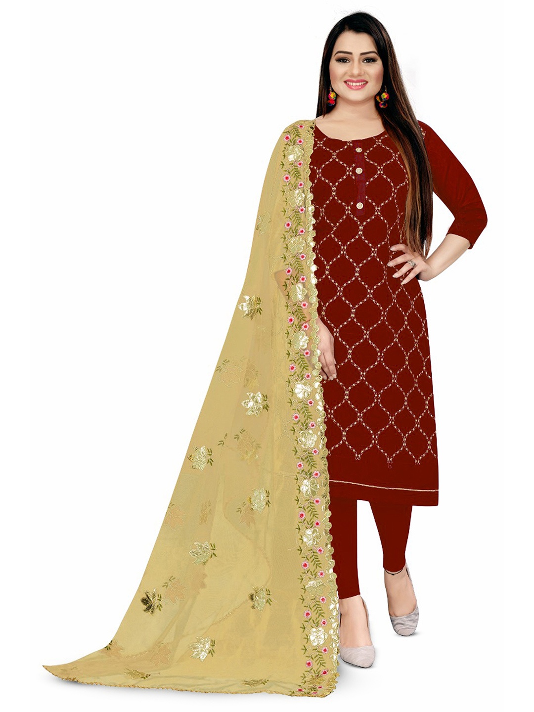 

MANVAA Floral Embroidered Unstitched Dress Material, Maroon
