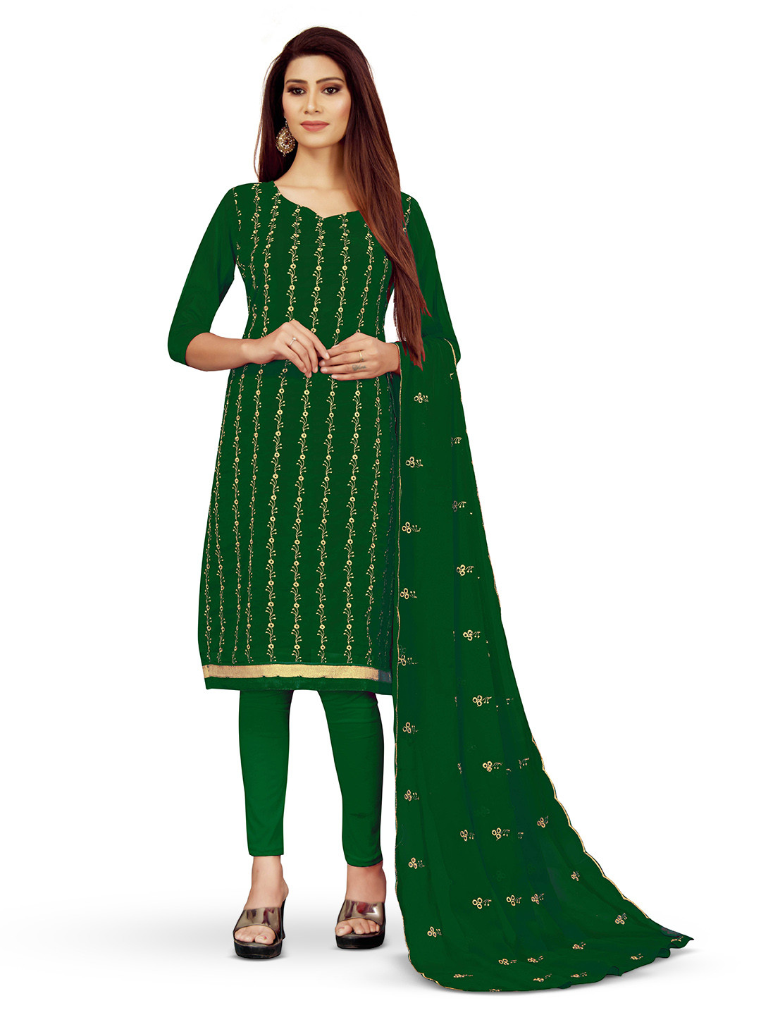 

MANVAA Floral Embroidered Unstitched Dress Material, Green