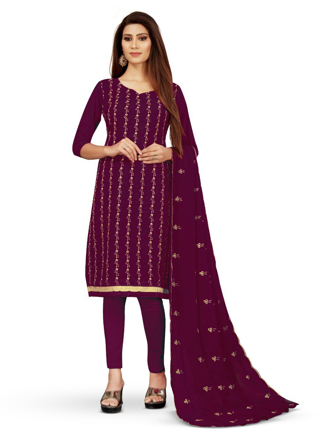 

MANVAA Floral Embroidered Unstitched Dress Material, Purple
